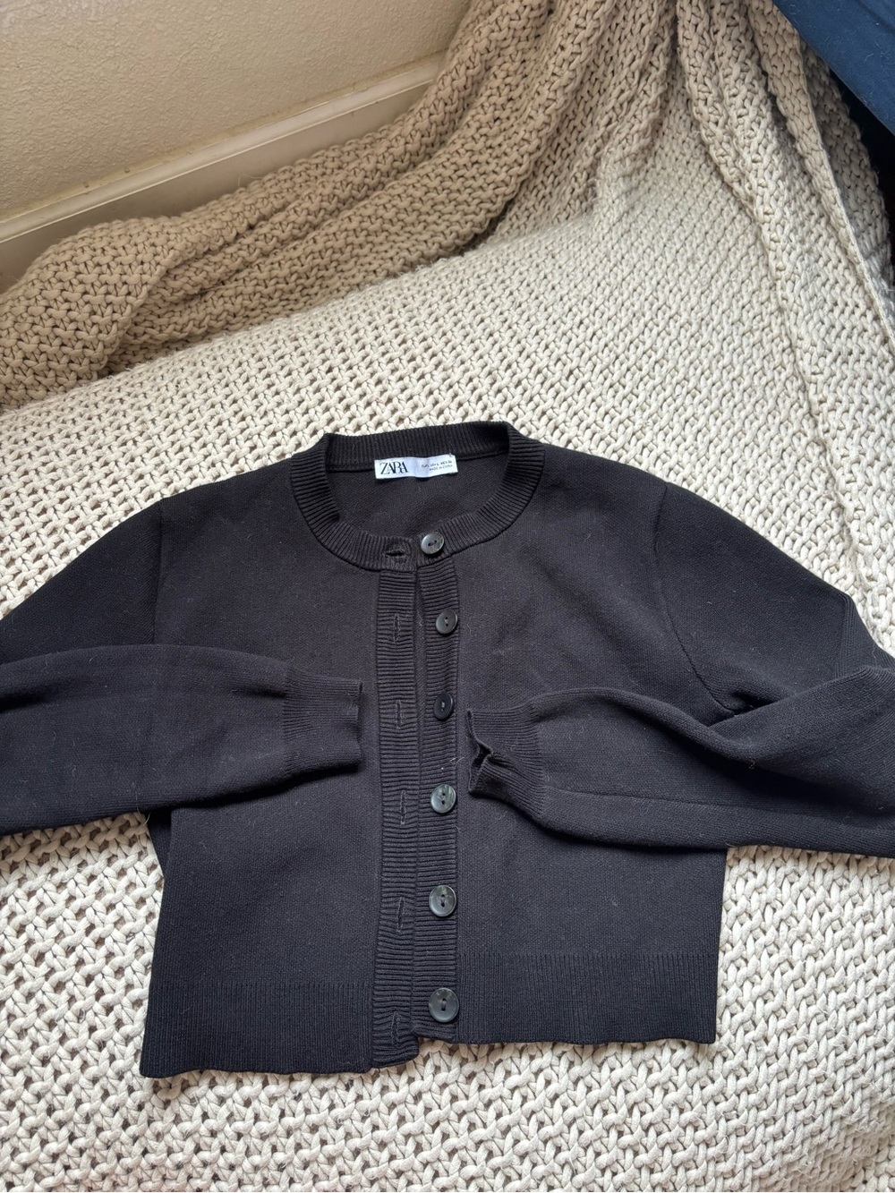 Zara Black Cropped Button-Front Knit Cardigan